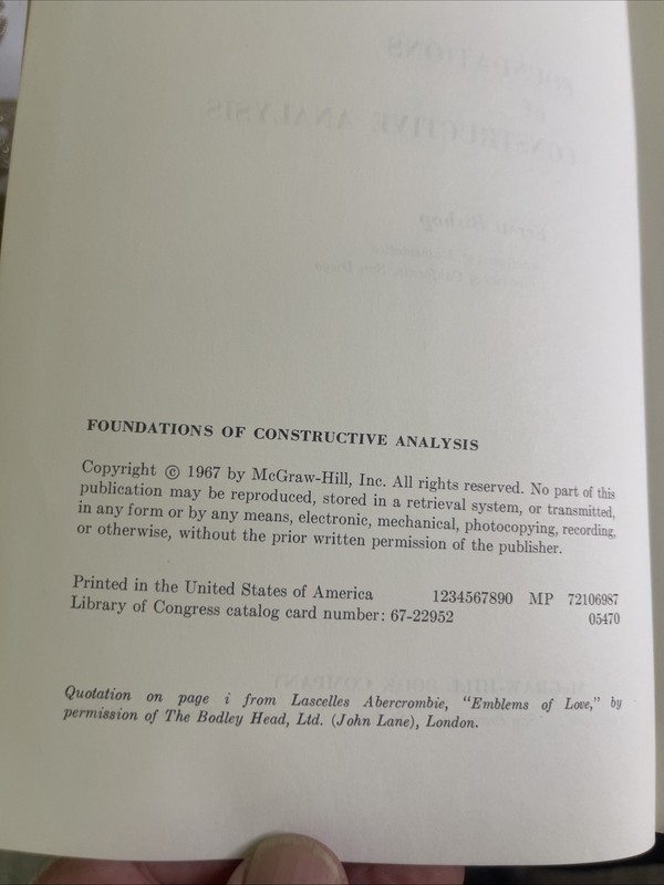 FOUNDATIONS OF CONSTRUCTIVE ANALYSIS By Errett Bishop & Michael Beeson 1967 HCDJ gallery