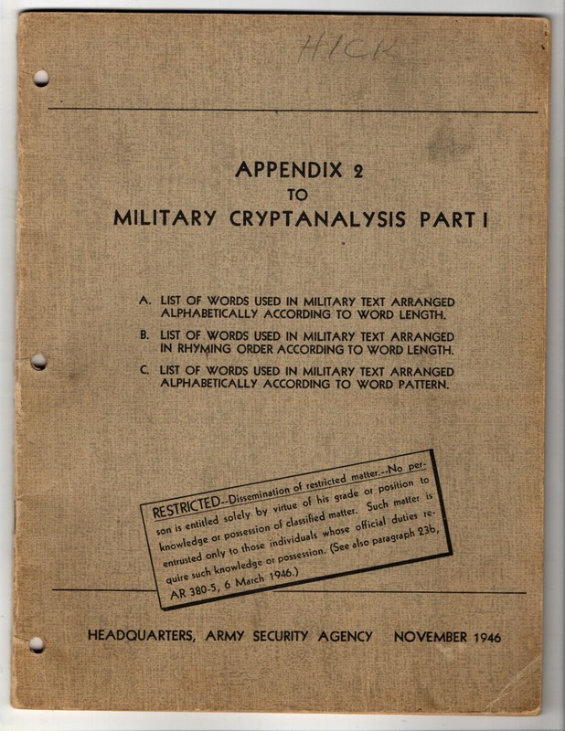 Military Cryptanalysis Part 1 Army Security Agency 1946 Soft Cover