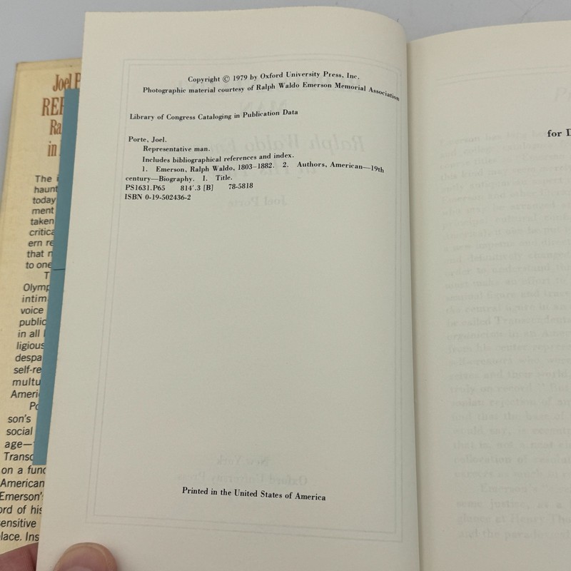 Representative Man Ralph Waldo Emerson in His Time by Joel Porte Review Copy 1st gallery