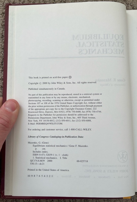 Equilibrium Statistical Mechanics by Gene F. Mazenko Wiley-Interscience HC 2000 gallery