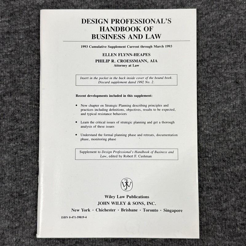 1993 Supplement Design Professional’s Handbook of Business & Law (AIA) Rare HTF