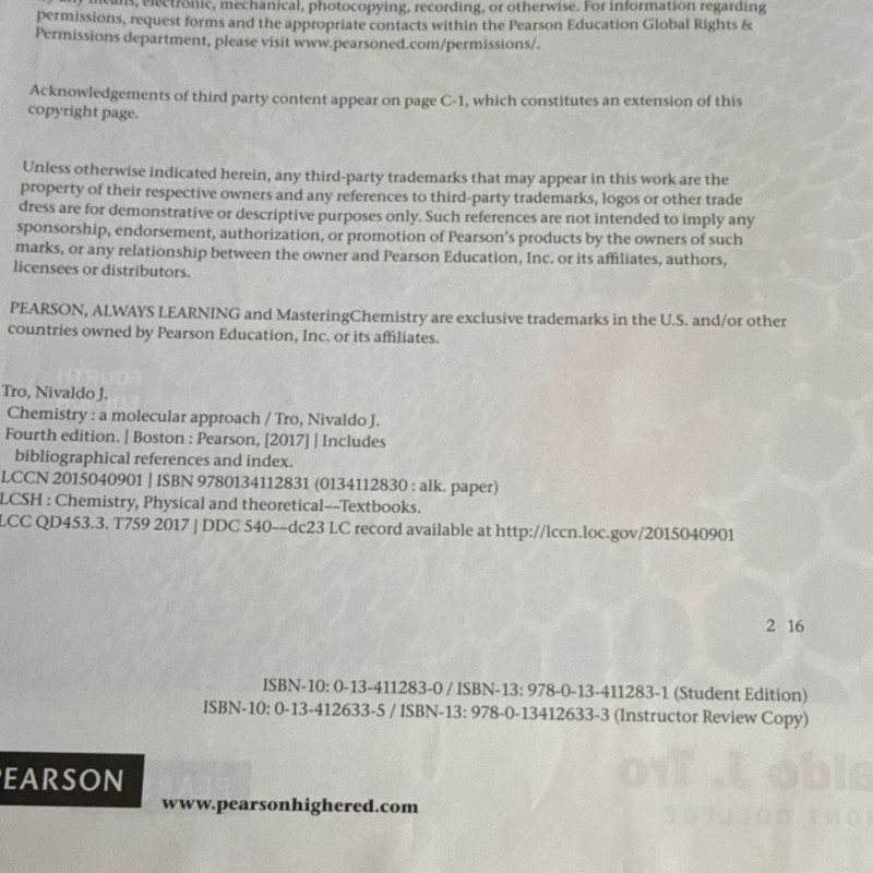 Pearson Chemistry: A Molecular Approach Nivaldo J. Tro Fourth Edition gallery