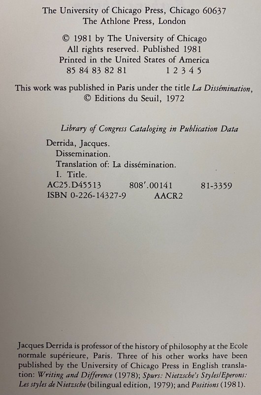 Jacques Derrida DISSEMINATION 1981 1st American edition Hardcover w/jacket Good gallery