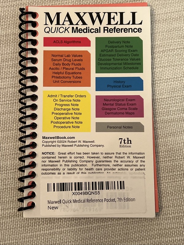 Maxwell Quick Medical Reference Pocket Guide -7th Edition – NEW