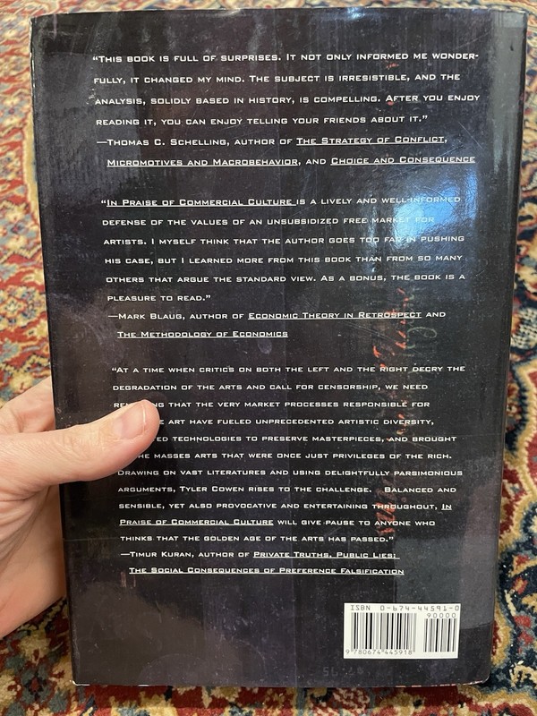 In Praise of Commercial Culture by Tyler Cowen Signed to Galbraith 1st Ed HC DJ gallery