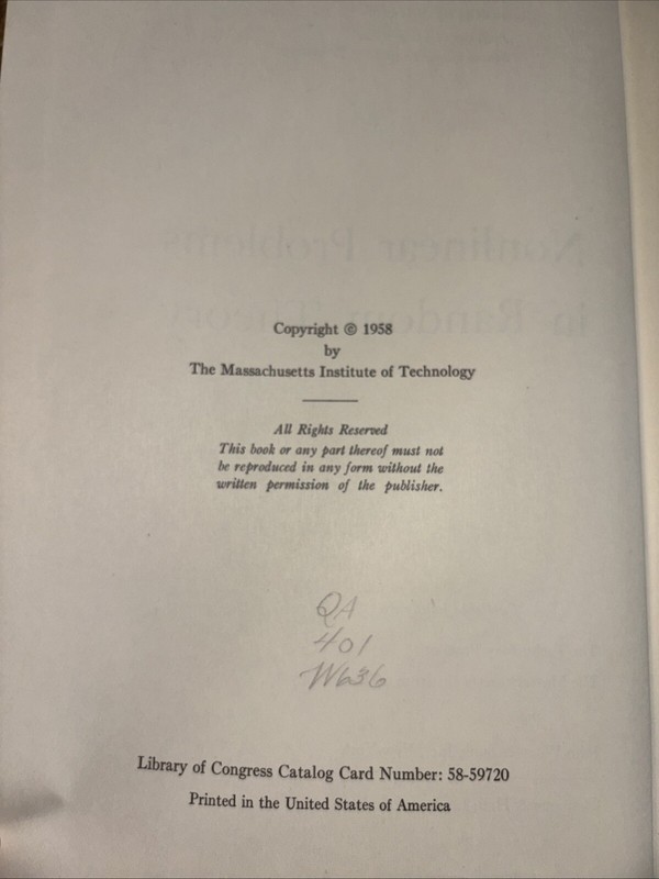 NONLINEAR PROBLEMS IN RANDOM THEORY by Norbert Wiener, 1958 First Ed. MIT PRESS gallery