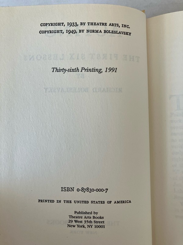 Acting: The First Six Lessons by Boleslavsky Richard 1991 Hardcover Theater Arts gallery