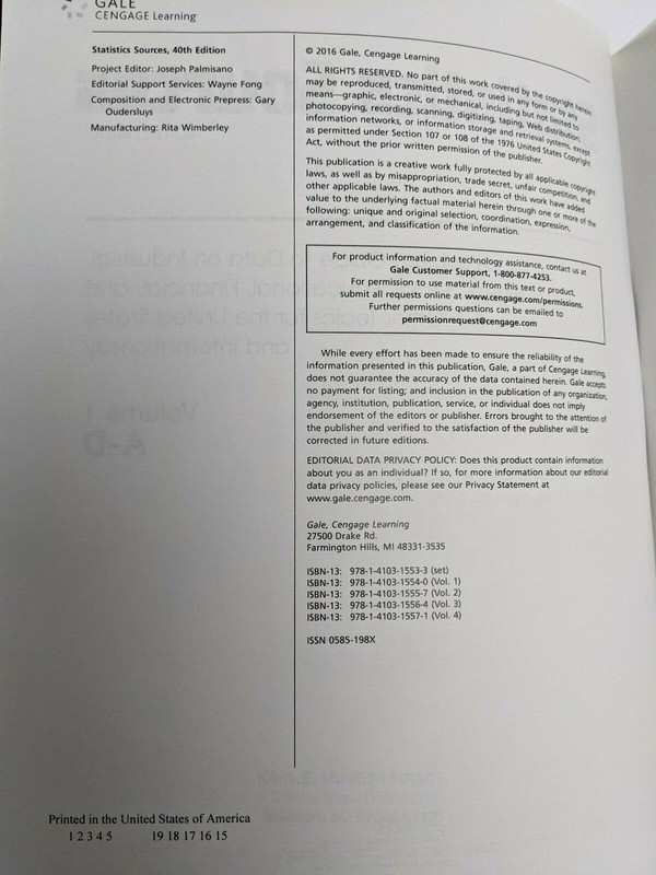 Statistics Sources 40th Edition - Volume 1 2 3 4 - Gale Research Inc gallery