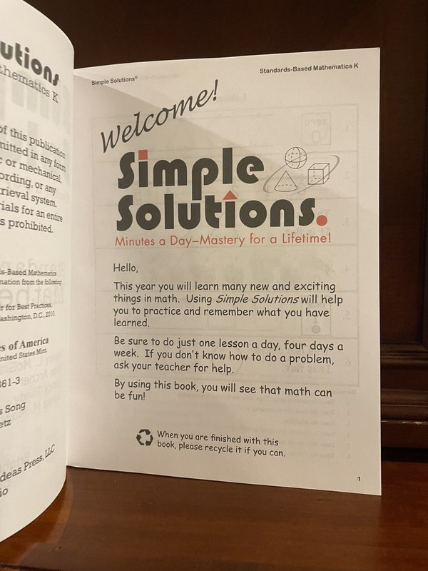 Simple Solutions Mathematics Grade K Workbook Kindergarten Math Homeschool NEW gallery
