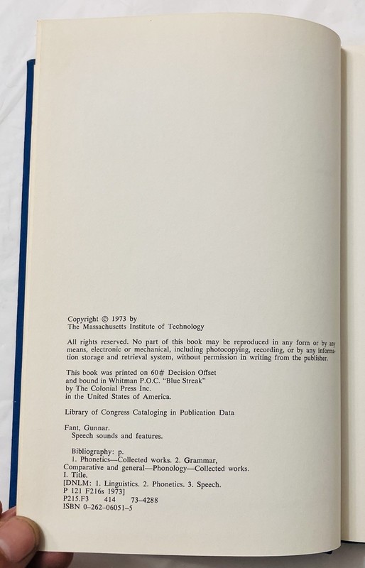 Speech Sounds and Features by Gunnar Fant (1973) MIT Press 1st Ed HC Linguistics gallery