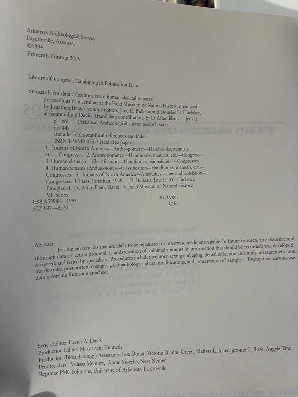 Standards fro Data Collection From Human Skeletal Remains No.44, 1994 gallery