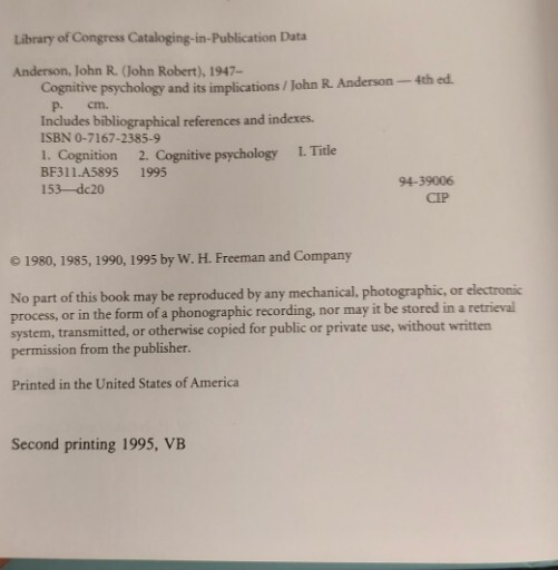 Cognitive Psychology and Its Implications John R. Anderson HC 1995 gallery