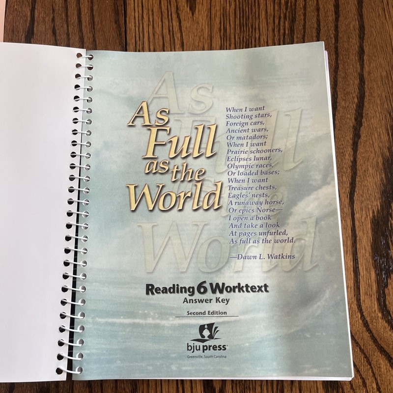 BJU Bob Jones Reading Worktext Key, Teacher Ed, Full as World, 6th Grade, 2nd Ed gallery