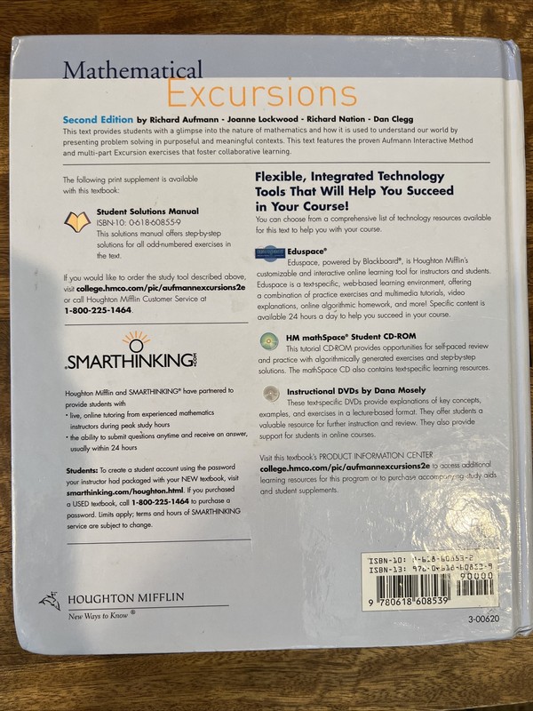 Mathematical Excursions 2nd Ed. Aufmann, Lockwood, Nation, Cl ISBN 9780618608539 gallery