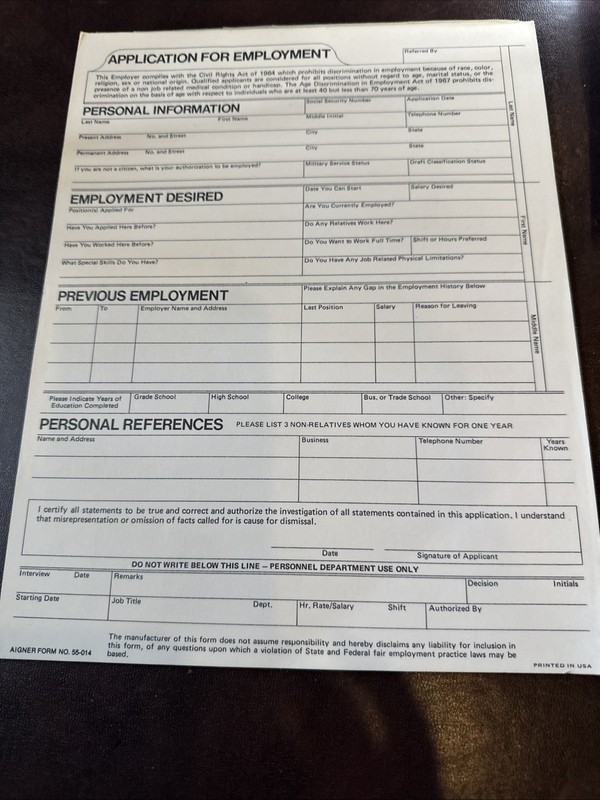 Application for Employment, 8 1/2″ x 11″