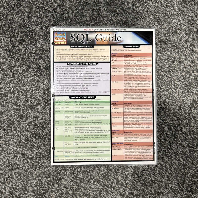SQL GUIDE, laminated, 3 hole punched, (QUICKSTUDY: COMPUTER) by John Hales