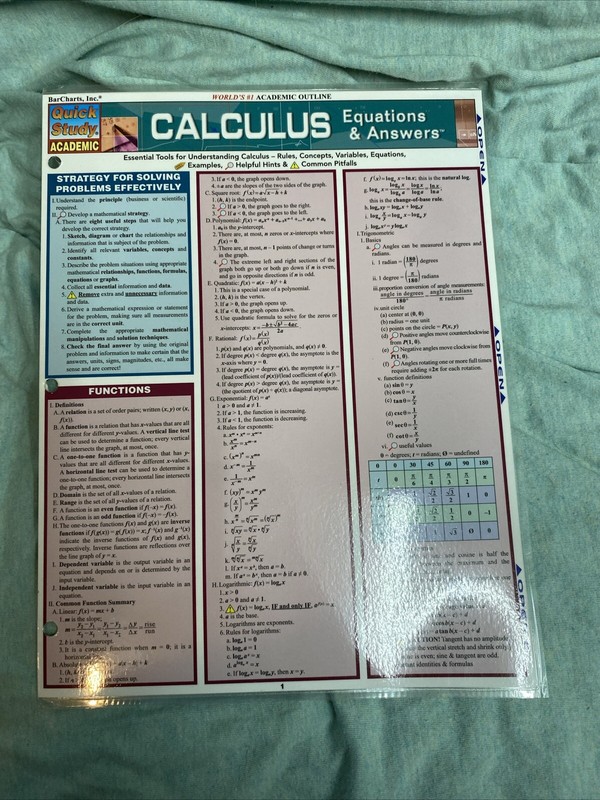 Calculus Equations & Answers Quick Study Academic Laminated Pamphlet