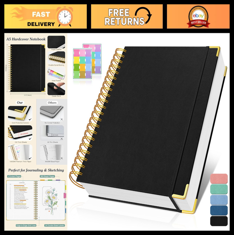 Spiral Graph Paper Notebook A5 - 300 Pages, Thick 100gsm Grid Journal for School